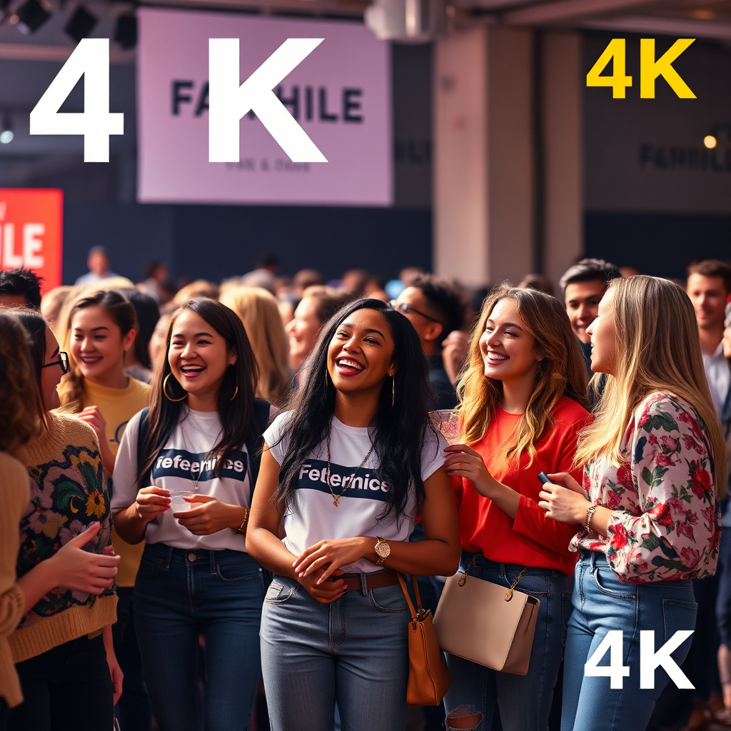A 4K image depicting a diverse group of people interacting enthusiastically at a fashion event, wearing clothing from the featured brand. The scene is lively and engaging, capturing the energy of a community gathering. The color palette is warm and inviting, reflecting the positive atmosphere. The style is social and inclusive, inspired by real-life events and community gatherings. The image should convey a sense of belonging, connection, and brand loyalty.