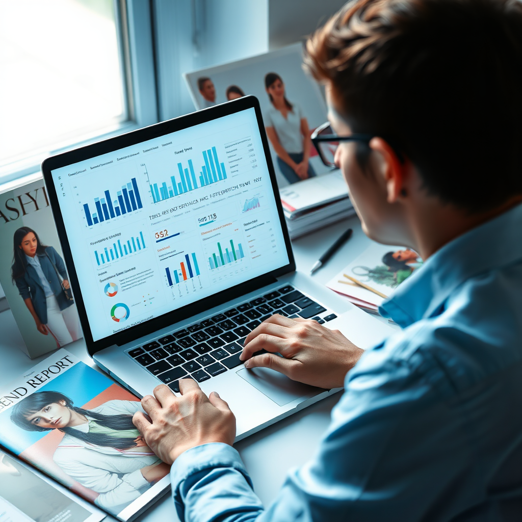 A 4K image depicting a person thoughtfully analyzing market data on a laptop screen, surrounded by fashion magazines and trend reports. The scene is brightly lit, with a focus on the laptop screen displaying charts and graphs. The color palette is professional and modern, with blues and greens dominating. The style is clean and minimalist, inspired by modern tech and business aesthetics. The image should convey a sense of focus, analysis, and strategic thinking.