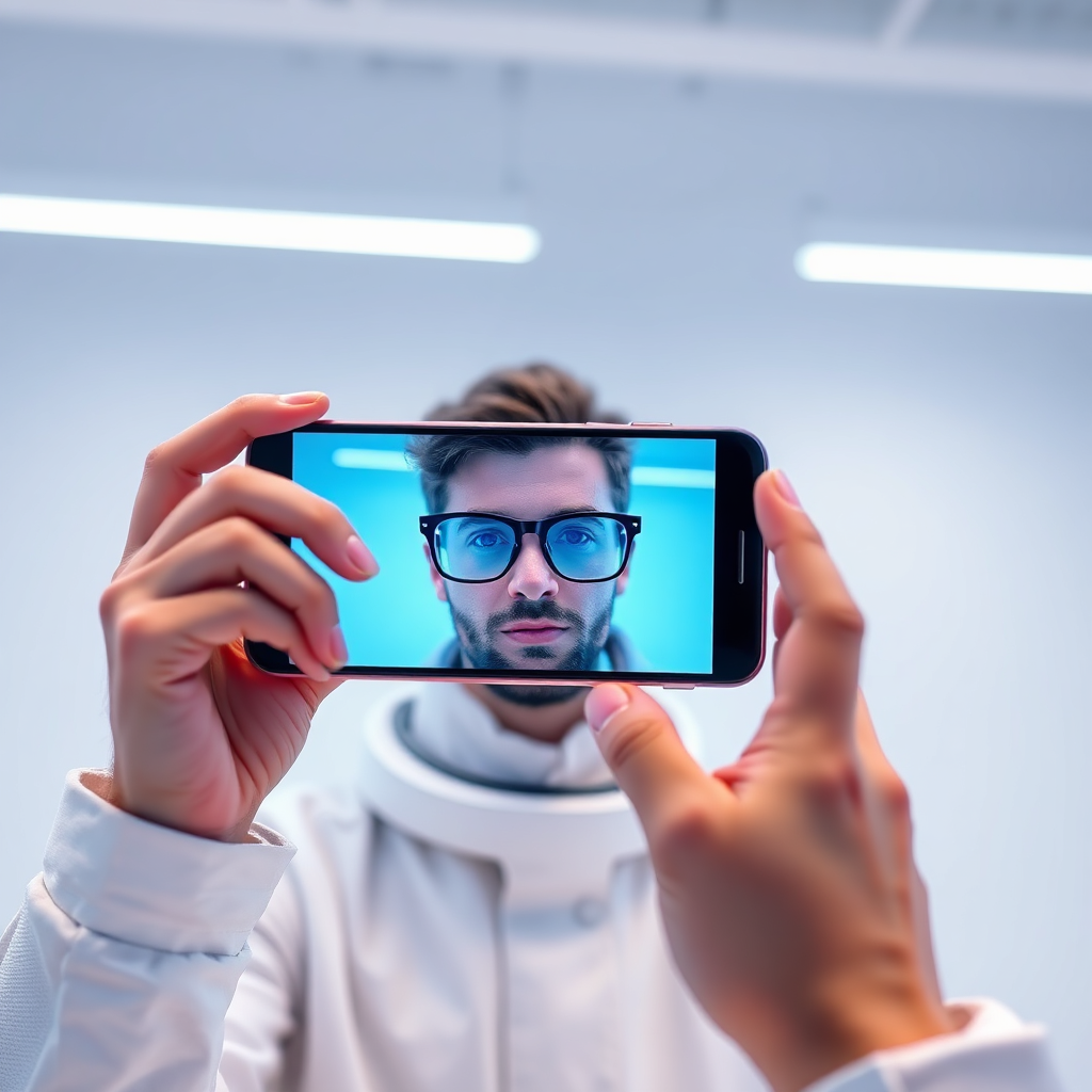 A 4K image depicting a person using a smartphone to virtually 'try on' a pair of glasses. The scene is modern and tech-focused, with a clean background and soft lighting. The color palette is cool and futuristic, with blues and whites dominating. The style is inspired by augmented reality interfaces and app designs. The image should convey a sense of innovation, interactivity, and convenience.