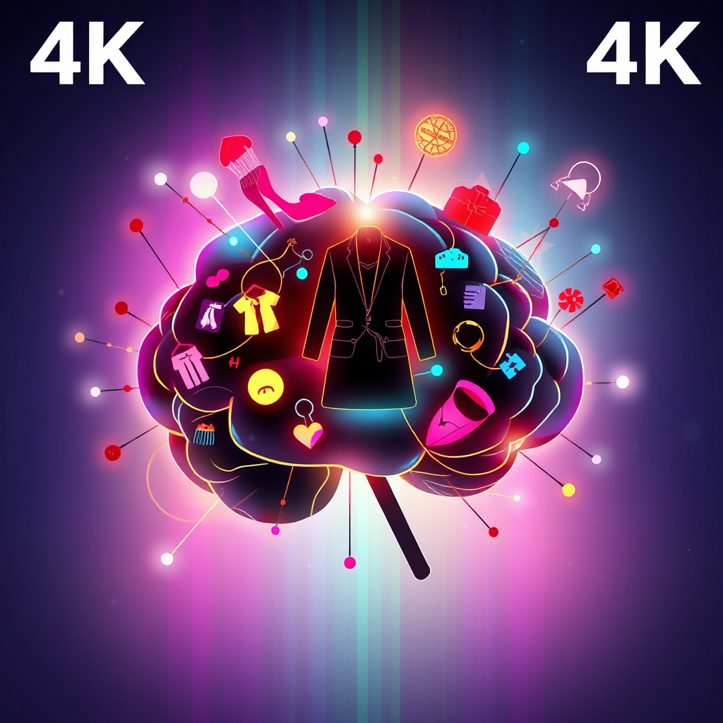 A 4K image depicting a stylized brain silhouette filled with interconnected lines and fashion-related icons (clothing, shoes, accessories). The colors should be vibrant and futuristic, with a subtle glow emanating from the center. The style is modern and abstract, inspired by technological representations of artificial intelligence. The image should convey a sense of intelligence, personalization, and data analysis.