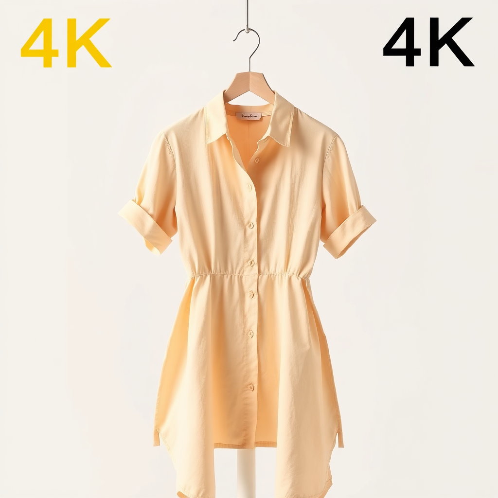 A 4K image displaying a meticulously styled clothing item (e.g., a dress or shirt) presented against a clean, well-lit background. The focus is on showcasing the garment's texture, fit, and details. The color palette is soft and natural, emphasizing the clothing's colors. The style is inspired by professional product photography, with a focus on clarity and detail. The image should convey a sense of quality, attention to detail, and visual appeal.