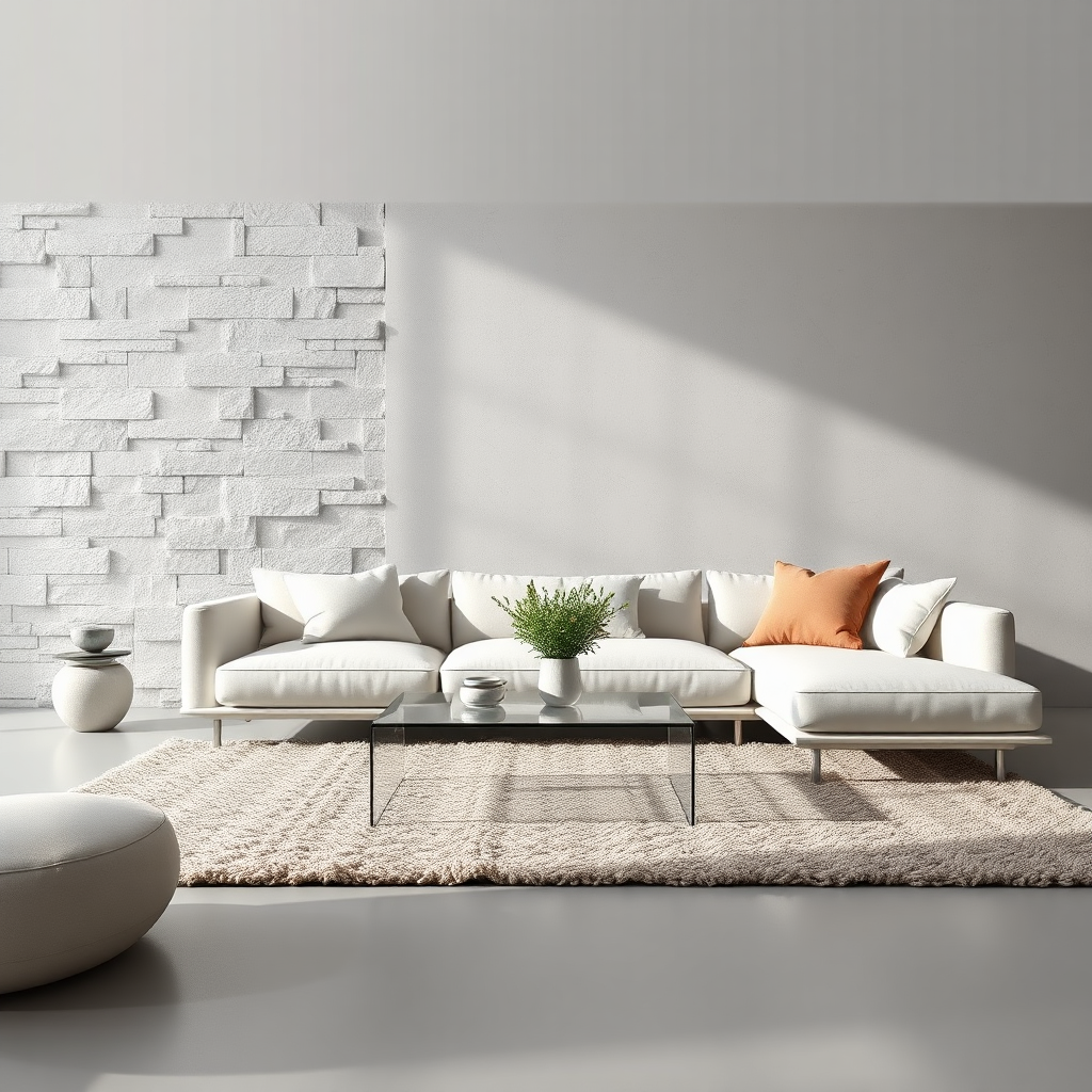 A 4K image highlighting the power of texture in a minimalist living room. Feature a combination of rough textures (stone wall, wool rug) and smooth textures (glass coffee table, silk cushions). Use light and shadow to emphasize the tactile qualities of each material. The style is modern and sophisticated, with a focus on creating a sense of depth and visual interest.
