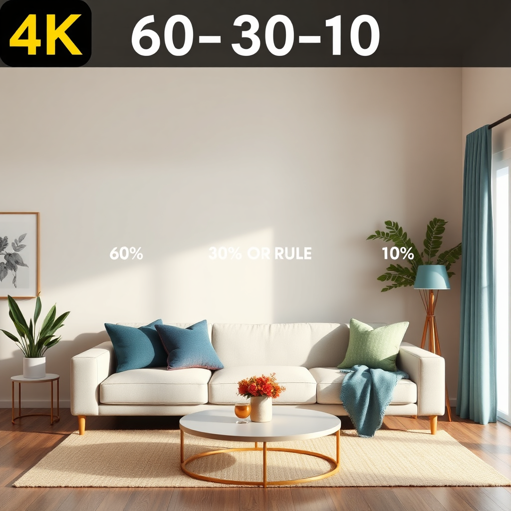 A 4K image illustrating the 60-30-10 colour rule in an interior space. The scene shows a living room where 60% of the space is dominated by a neutral wall colour, 30% by a complementary sofa colour, and 10% by accent colours in cushions and accessories. The goal is to visualize colour balance and harmony. The style is contemporary and elegant. Soft lighting should enhance the colour palette.