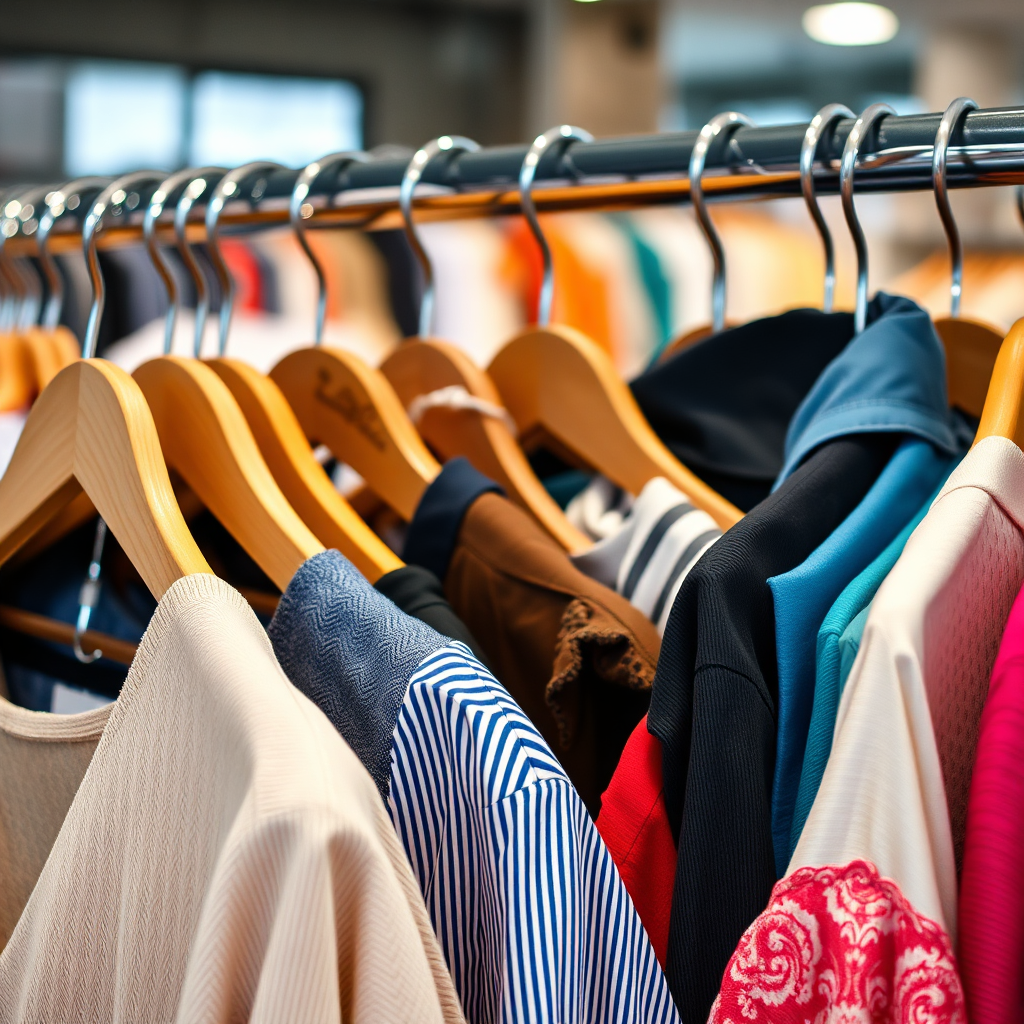 A 4k image of beautifully arranged clothing on hangers, with a variety of styles and colors. The scene should be well-lit and inviting, with a focus on highlighting the quality and aesthetic appeal of the clothing. The background is blurred to draw attention to the collections.
