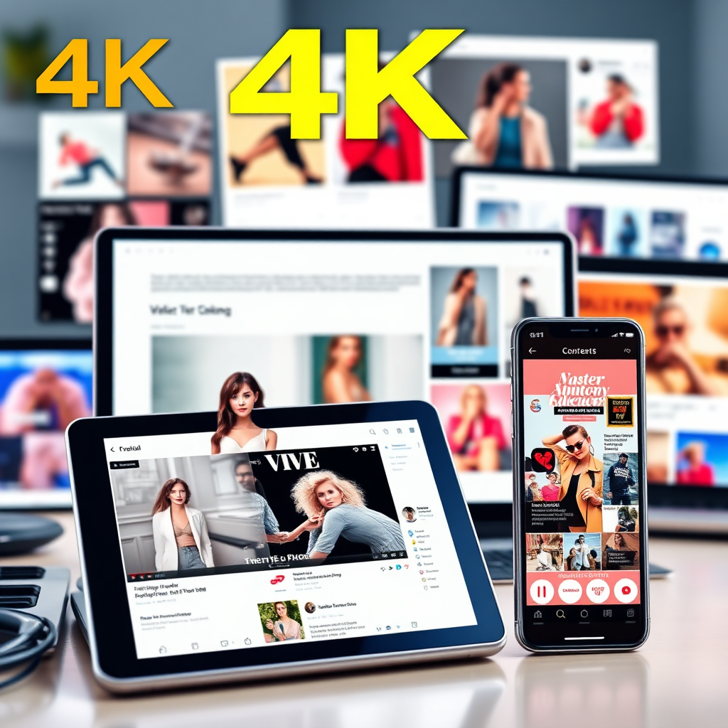 A 4K image showcasing a collage of various content formats – blog posts on a laptop screen, fashion videos on a tablet, and engaging social media posts on a smartphone. The scene is dynamic and modern, reflecting the fast-paced world of online content. The color palette is vibrant and engaging, with each content format standing out distinctly. The style is digital and interactive, inspired by online platforms and social media interfaces. The image should convey a sense of information, entertainment, and brand communication.