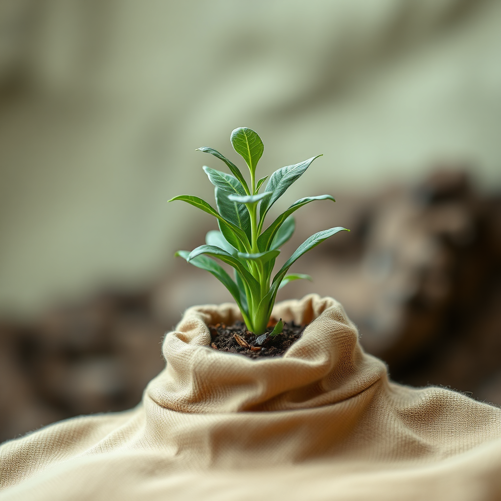 A 4K image showcasing a lush green plant growing out of a garment made from recycled materials. The background is softly blurred, highlighting the connection between nature and sustainable fashion. The color palette is earthy and natural, with greens and browns dominating. The style is organic and eco-friendly, inspired by nature photography and sustainable design. The image should convey a sense of responsibility, environmental awareness, and conscious consumption.