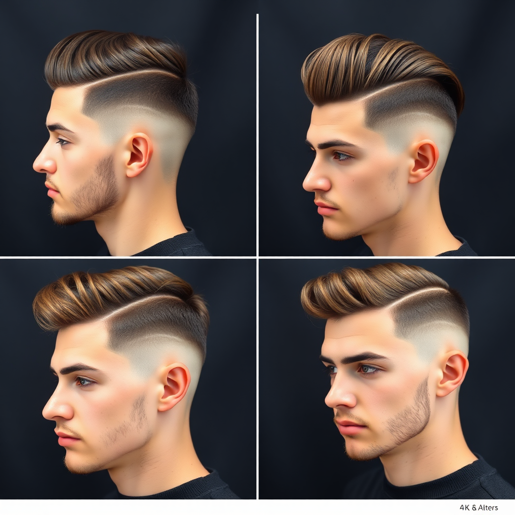 A 4K image showcasing a series of classic men's haircuts (fade, pompadour, quiff) on different models. Each haircut should be impeccably styled and well-groomed. The background should be a simple, dark backdrop to make the haircuts stand out. The image should be high-contrast and sharply focused to highlight the details of each cut.