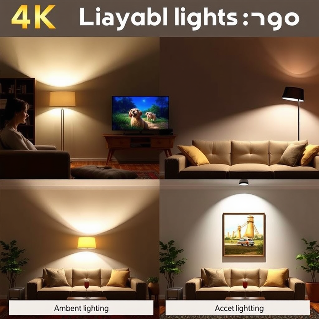 A 4K image showcasing different types of lighting in a living room setting. Include ambient lighting (soft, diffused light), task lighting (focused reading lamp), and accent lighting (highlighting artwork). Show how different lighting scenarios can change the mood of the room. The style is warm and inviting, with a focus on creating a comfortable and relaxing atmosphere.