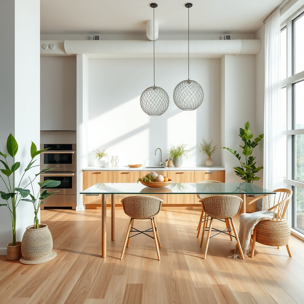 A 4K image showcasing sustainable materials in a modern interior. Feature bamboo flooring, recycled glass countertops, and organic cotton textiles. Incorporate plants and natural light to emphasize the eco-friendly aspect. Style reference: Scandinavian design with a focus on natural materials and textures. The composition should be clean and minimalist, highlighting the beauty and functionality of sustainable design.