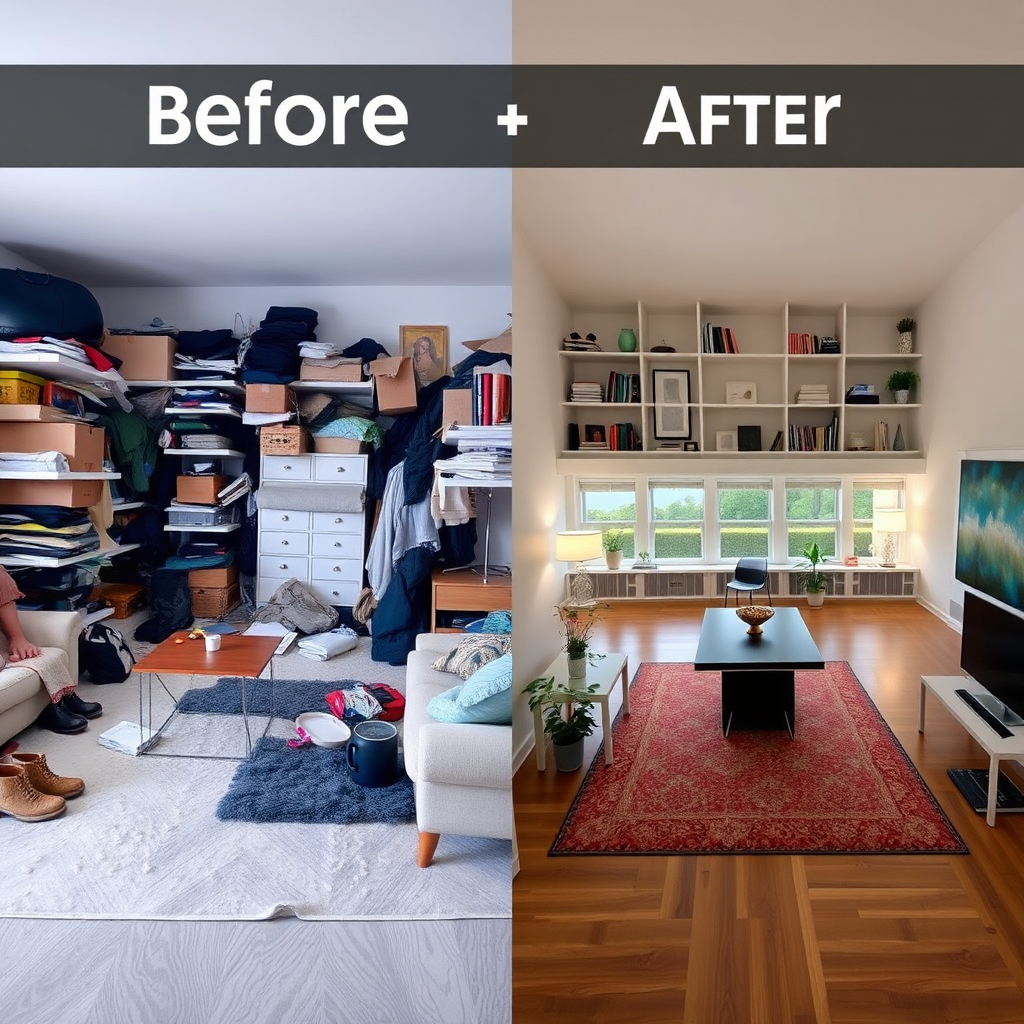 A 4K image showing a before-and-after space planning transformation. The 'before' image depicts a cluttered and disorganized room, while the 'after' image shows the same room with a functional and beautiful layout. Use a split-screen or side-by-side comparison. The style is clean and modern, highlighting the impact of space planning.