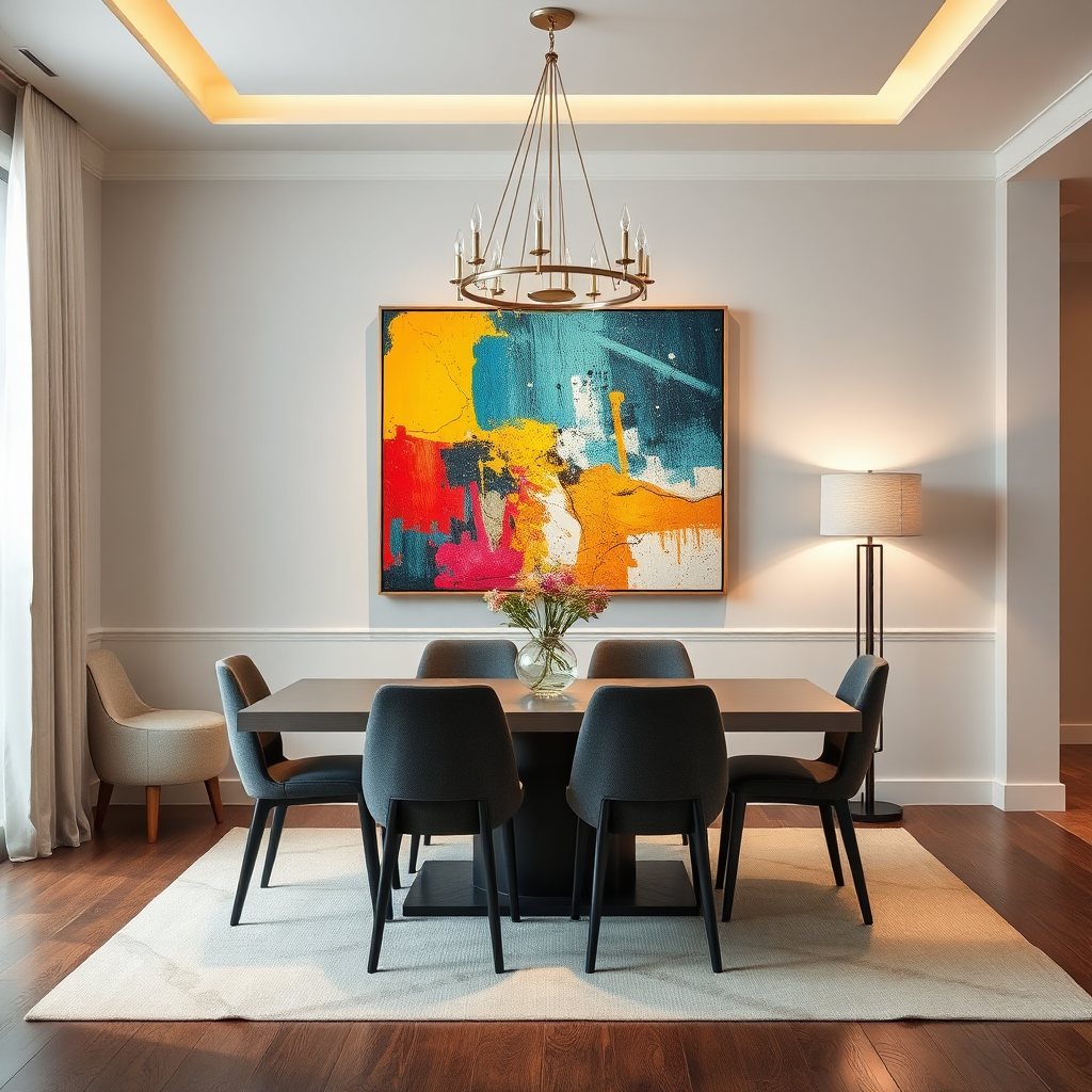 A 4K image showing a focal point in a dining room. A vibrant piece of artwork is the focal point, drawing the eye and anchoring the design. The rest of the room is decorated in neutral colors to emphasize the artwork. Style reference: contemporary art gallery meets interior design. The lighting should be focused on the artwork, highlighting its colors and textures.