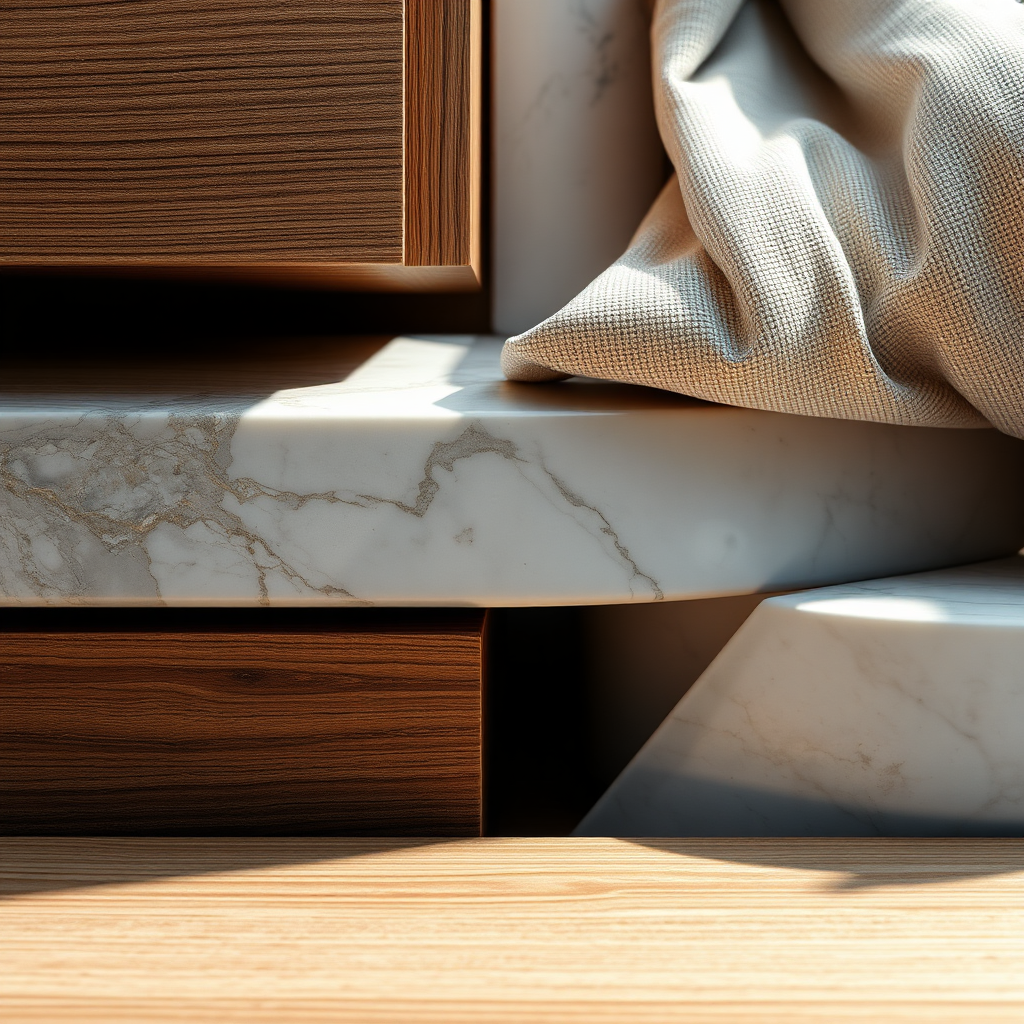 A 4K photorealistic close-up showcasing various interior design materials arranged harmoniously. Include textures like wood, marble, linen, and metal. Play with light and shadow to emphasize the details of each material. Composition should focus on the interplay of different textures and colors, creating a sense of balance and luxury. The style is modern and sophisticated, inspired by high-end design magazines. Add subtle details like grains in the wood and veins in the marble for a hyperrealistic look.