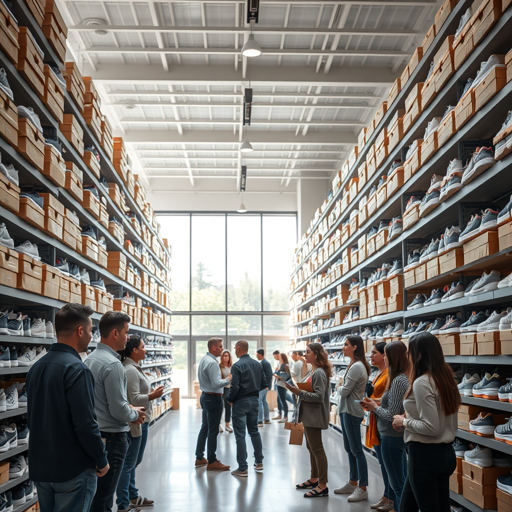 A 4K resolution photograph depicting a modern, minimalist shoe store warehouse. Shelves are stacked high with neatly organized shoe boxes. In the foreground, a diverse group of people are carefully selecting shoes from a digital display. The scene is bathed in soft, natural light streaming through large windows. Color palette: predominantly neutral tones with pops of color from the shoes and the clothing of the people. Camera angle: eye-level, capturing the scale and organization of the warehouse and the customer engagement. The overall feel is professional, efficient, and inviting. Style reference: modern warehouse design, emphasizing order and accessibility.