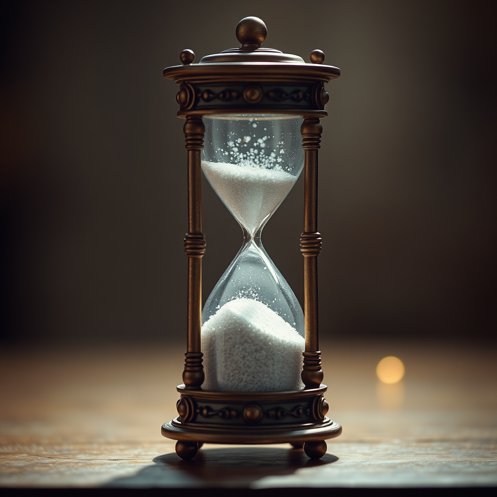 A beautifully designed, antique hourglass filled with glittering fairy dust instead of sand. Time is visualized as precious and magical. Soft, diffused lighting. Rich, warm color palette. Composition emphasizes the delicate nature of time and magic.