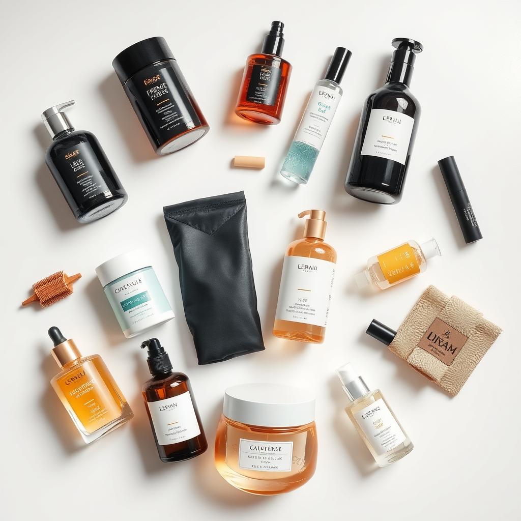A beautifully styled flat lay of various products carefully arranged on a clean white surface. Soft, diffused lighting highlights the details and textures of the products. The overall composition is aesthetically pleasing and conveys a sense of quality and sophistication. The scene evokes trust and meticulous selection.