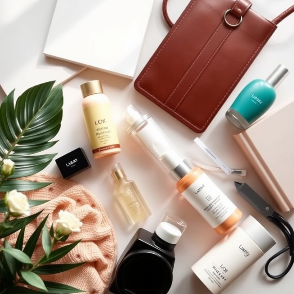 A beautifully styled flat lay showcasing a curated collection of products related to a specific theme, such as 'Summer Essentials' or 'Home Office Must-Haves'. The products are arranged in an aesthetically pleasing composition, with careful attention to detail. The color palette is cohesive and reflects the theme of the collection. Soft, natural lighting enhances the visual appeal of the image.
