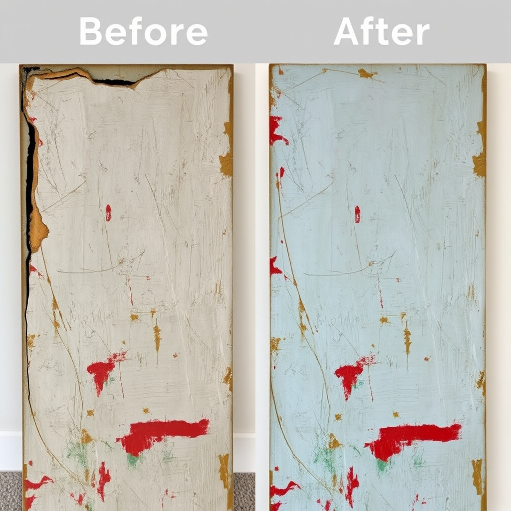 A before-and-after image showcasing the restoration of a damaged painting. Highlight the transformation and the meticulous attention to detail. The style is professional and meticulous.