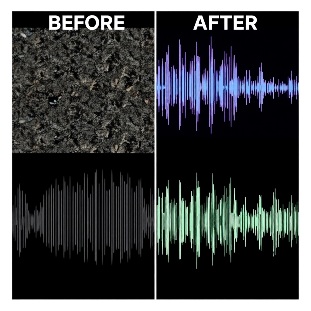 A before-and-after image showcasing the restoration of a damaged audio recording. On one side, depict a grainy, distorted audio waveform with visual noise and artifacts. On the other side, show the same waveform after restoration - clean, clear, and free of imperfections. Use a split-screen or side-by-side composition to highlight the difference. The color palette should reflect the change from dull and muted to vibrant and clear. Lighting should be used to emphasize the contrast between the two states. Camera angle: straight on, focusing on the comparison. Style: realistic and informative.