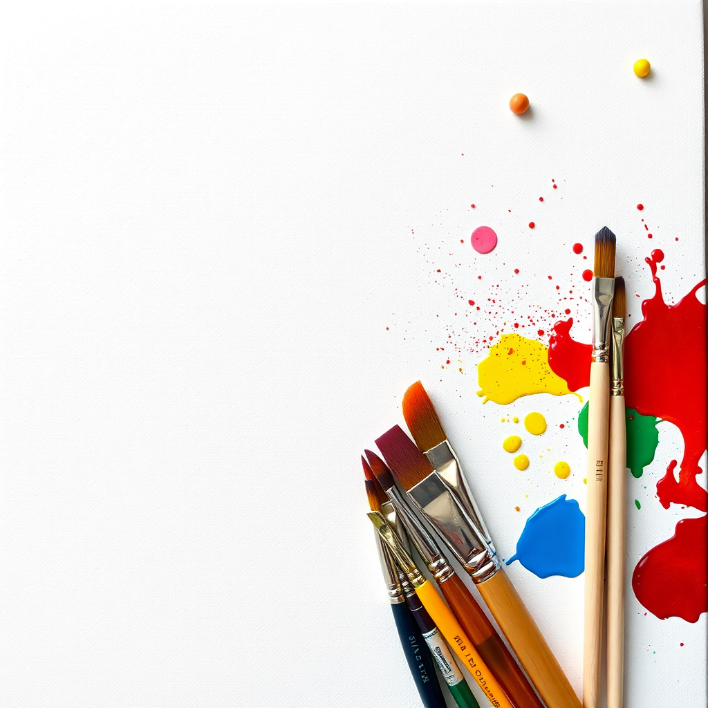 A blank canvas and paintbrushes, symbolizing the ability to create anything. Some splashes of vivid colors already on the canvas. Bright and creative.