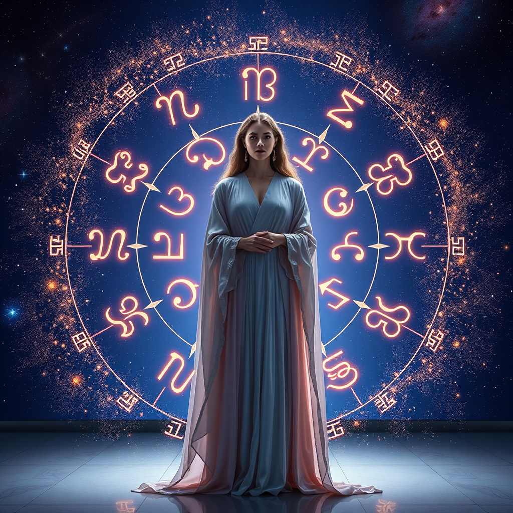 A breathtaking, photorealistic 8K image for Aura Queen. The scene depicts a celestial tapestry blending seamlessly with a modern, elegant studio. Ethereal stardust swirls around twelve glowing zodiac symbols arranged in a circular formation, symbolizing the interconnectedness of the cosmos. A female figure, dressed in flowing, iridescent robes, stands gracefully at the center, her face illuminated by a soft, otherworldly light. Her expression is serene and knowing, embodying the wisdom of astrological insight. The background fades into a deep, rich indigo color, punctuated by distant galaxies and nebulas. Subtle lighting effects highlight the textures of the stardust and the intricate details of the zodiac symbols. The overall style is hyperrealistic with a touch of fantasy, evoking a sense of wonder and cosmic connection. Use a wide-angle lens to capture the immensity of the celestial display.