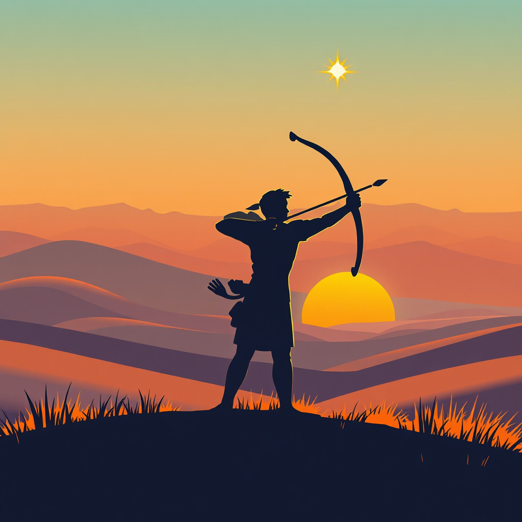 A bright image representing Sagittarius. Depict a stylized archer silhouette aiming an arrow towards a distant, shining star. The backdrop should feature a vast, open landscape with rolling hills and a vibrant sunset. The overall feel should be one of freedom, adventure, and optimism. Lighting should be warm and inviting. Style: A stylized illustration with bold colors and dynamic composition. High quality.
