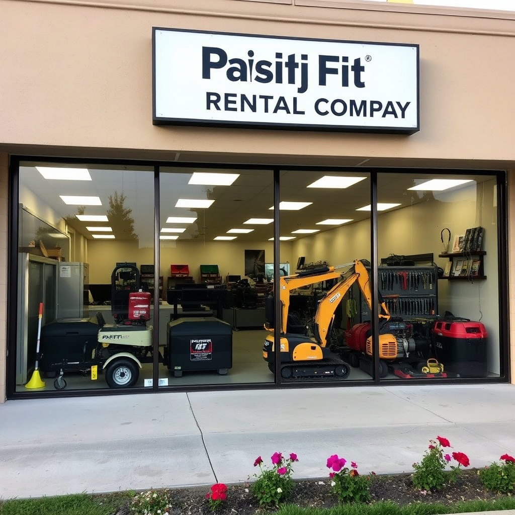 A brightly lit, welcoming storefront of 'Pacific Rental Company'. Various pieces of well-maintained equipment are visible through the large windows: a power washer, a small excavator, and a selection of power tools neatly arranged. The store's sign is clearly visible, with a clean, modern logo. Landscaping is well kept, with flowers planted near the entrance. The overall impression is clean, professional, and inviting, suggesting a reliable equipment rental service.