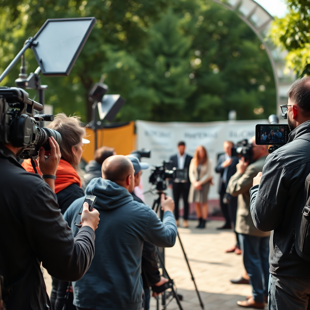 A candid, photorealistic shot of a video production crew filming on location. The scene shows a bustling set with cameras, lighting equipment, and actors in costume. The environment is a vibrant outdoor location with natural lighting. Focus on capturing the energy and collaboration of the crew. Camera angle: medium shot, capturing the overall scene.