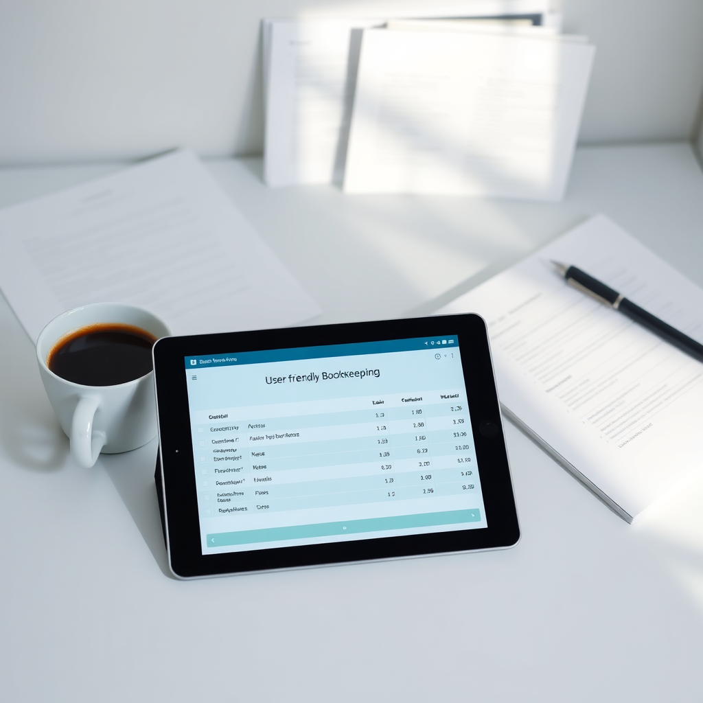 A clean and organized workspace featuring a tablet displaying a user-friendly bookkeeping application. The background includes neatly arranged documents and a cup of coffee. The lighting is bright and inviting, emphasizing the ease of use. The color palette is light and airy, with soft blues and greens. 4K resolution, high quality.