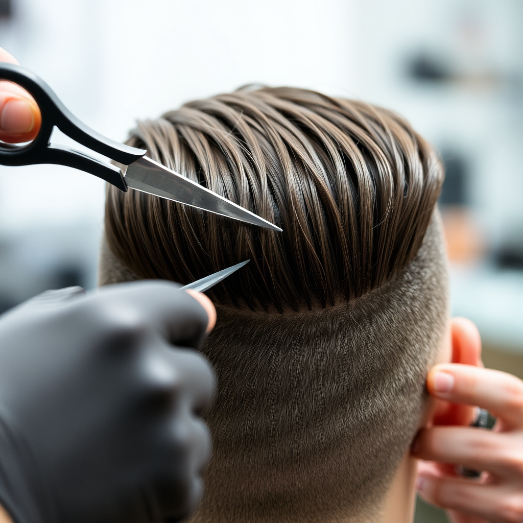 A close-up image of a barber meticulously cutting hair with sharp scissors. The focus is on the precision and skill of the barber. The hair is neatly trimmed and perfectly shaped. The lighting is bright and clear to highlight the details.