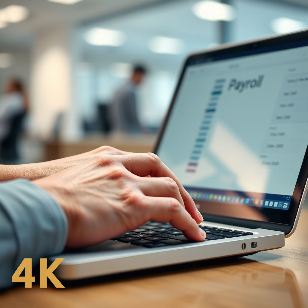 A close-up of a hand entering data into a payroll system on a laptop. The background features a blurred office environment. The lighting is focused on the screen and hands, highlighting the precision required for payroll management. The color palette is neutral and professional. 4K resolution, high quality.
