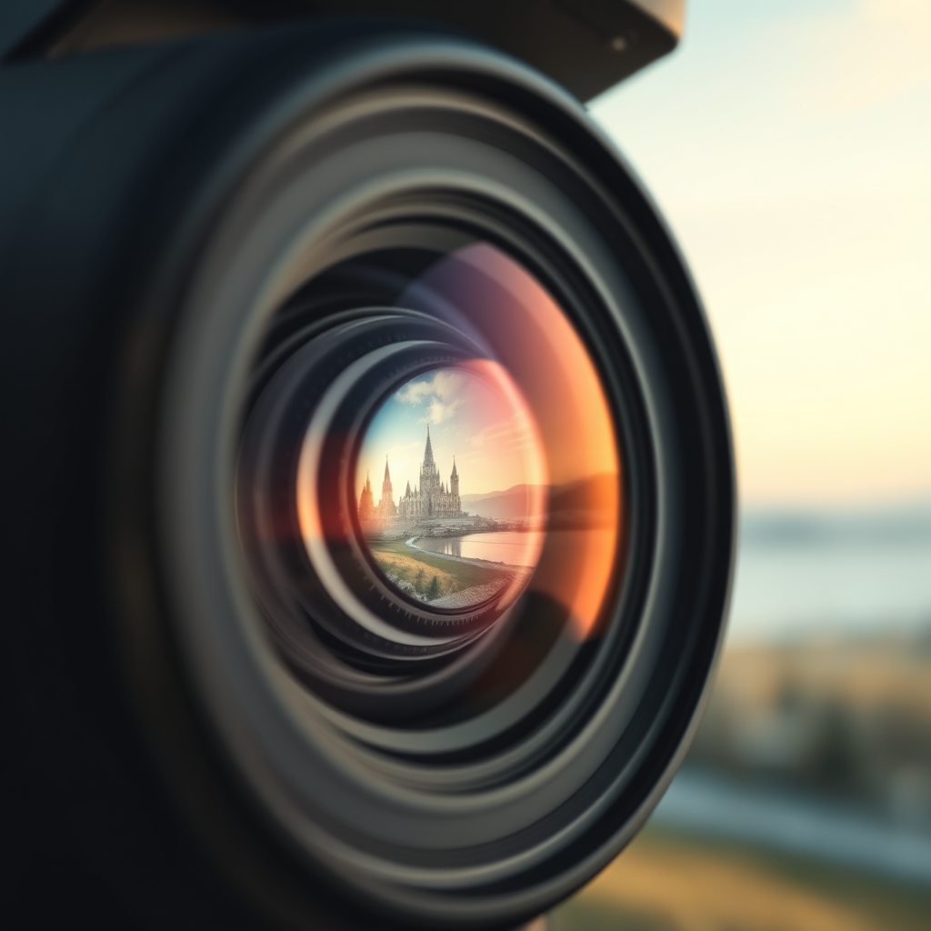 A close-up of a professional-grade camera lens, reflecting a pristine fairy tale landscape. The lens symbolizes high-quality image capture. Sharp focus. Clean, modern aesthetic. Neutral color palette with subtle highlights.