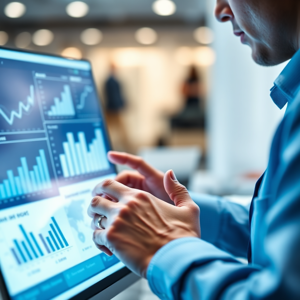 A close-up of hands working on a modern accounting software interface, highlighting the clean design and user-friendly features. The background is blurred, focusing attention on the software. The lighting is bright and professional. The color palette is blue and white. 4K resolution, high quality.
