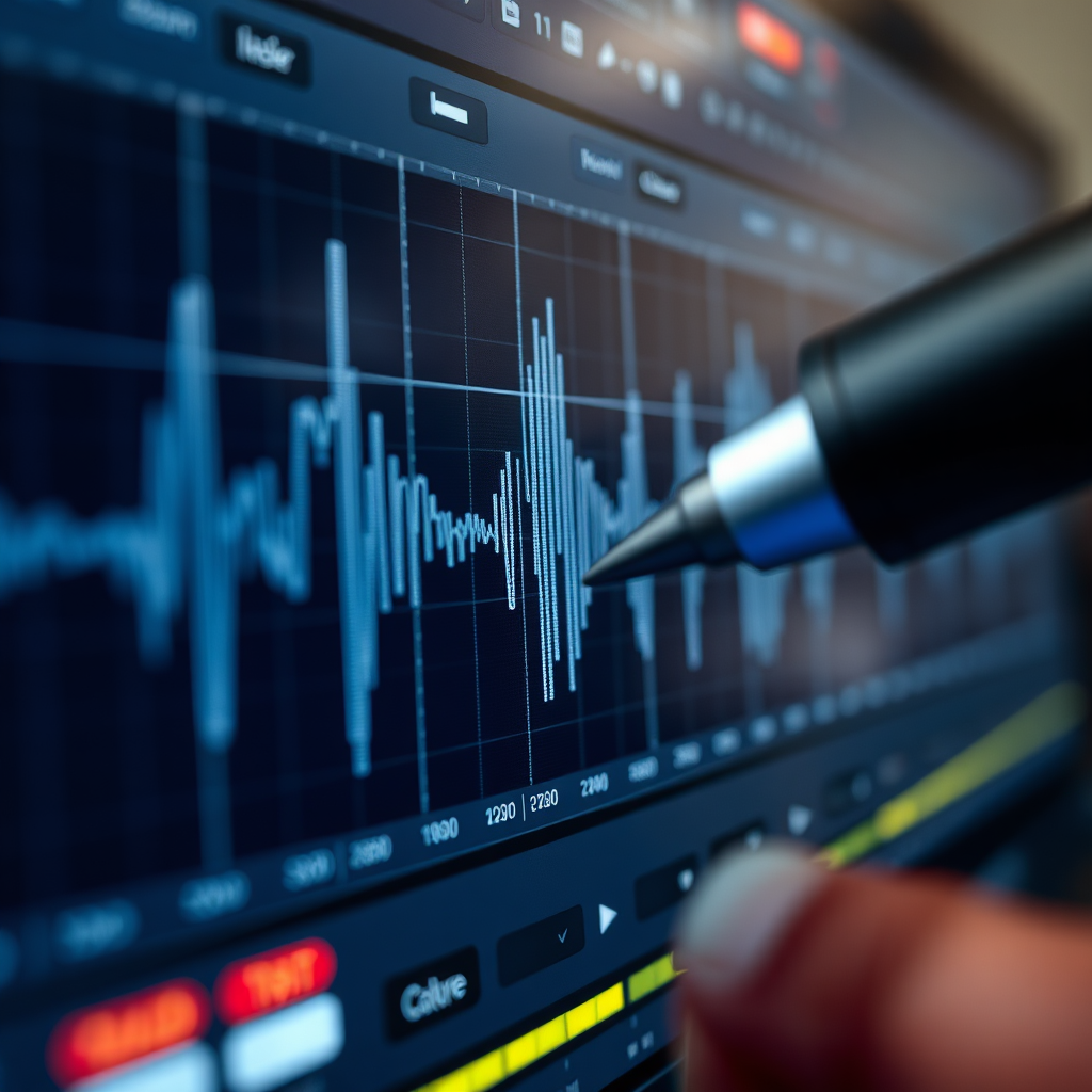 A close-up, photorealistic image focusing on an audio waveform being precisely edited with digital tools. The waveform should be displayed on a high-resolution screen, with a cursor highlighting a specific point being adjusted. Use a shallow depth of field to blur the background and emphasize the precision of the editing process. Lighting should be focused and directional, highlighting the detail of the waveform and the editing tools. The color palette should be muted and professional, with subtle hints of color to indicate different audio frequencies. Camera angle: macro, emphasizing the details. Style: modern, clean, and professional.