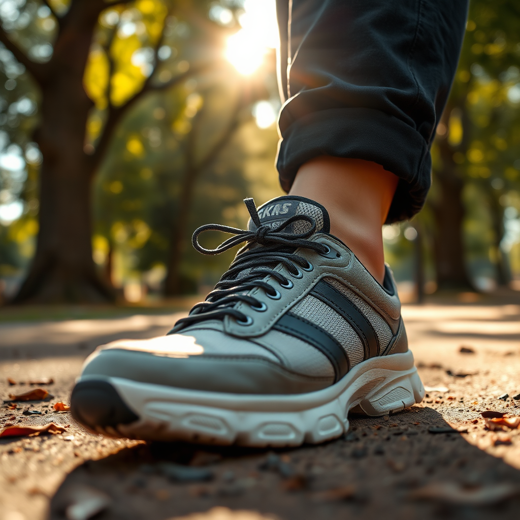 A close-up, photorealistic image in 4k showcasing a person's feet comfortably nestled inside a pair of stylish sneakers. The setting is a park with soft sunlight dappling through the trees, highlighting the textures of the shoe and the natural environment. The color palette is warm and inviting, emphasizing comfort and outdoor activity. The camera angle is low, focusing on the shoe and the ground beneath it.