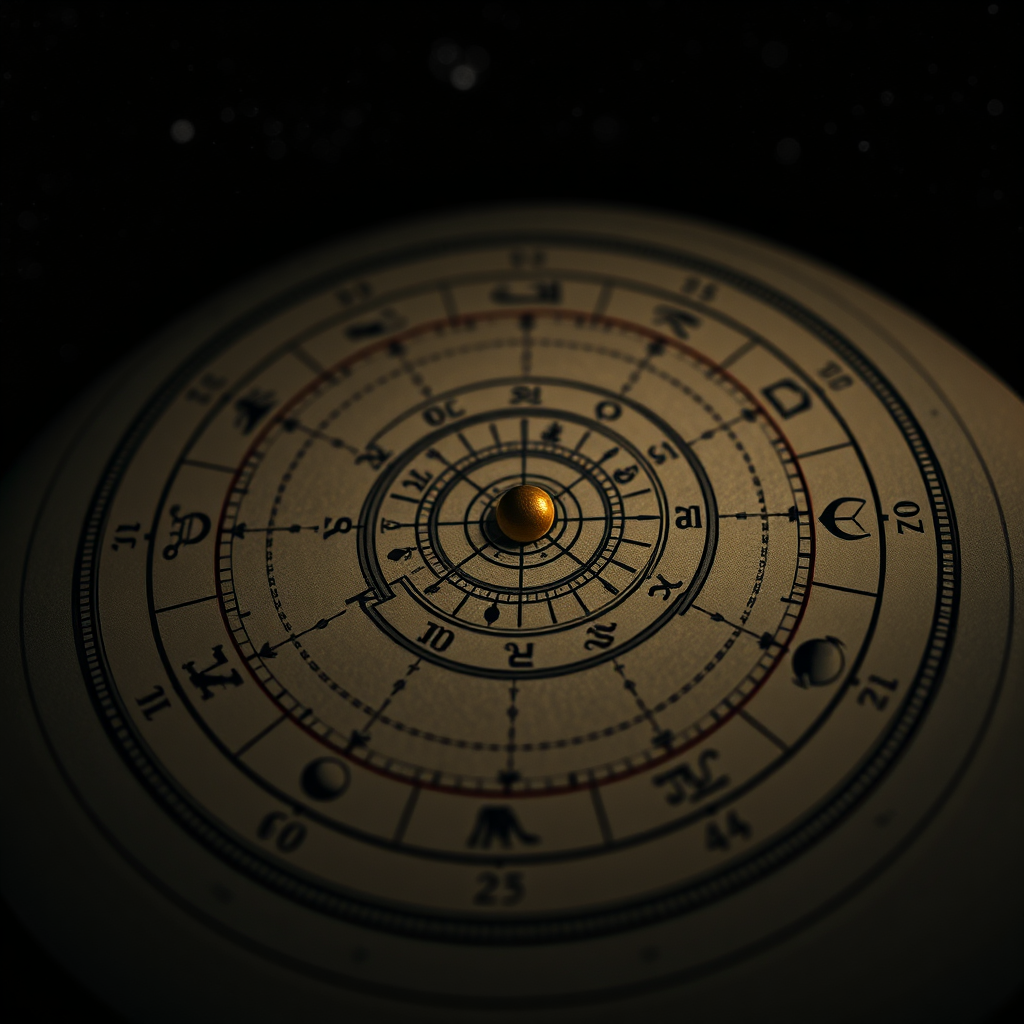 A close-up, photorealistic image of a detailed astrological chart, illuminated by soft, ethereal light. The chart is intricately designed with various symbols and planetary alignments. The background is a dark, starry sky, emphasizing the cosmic context. The overall mood is mystical and insightful.