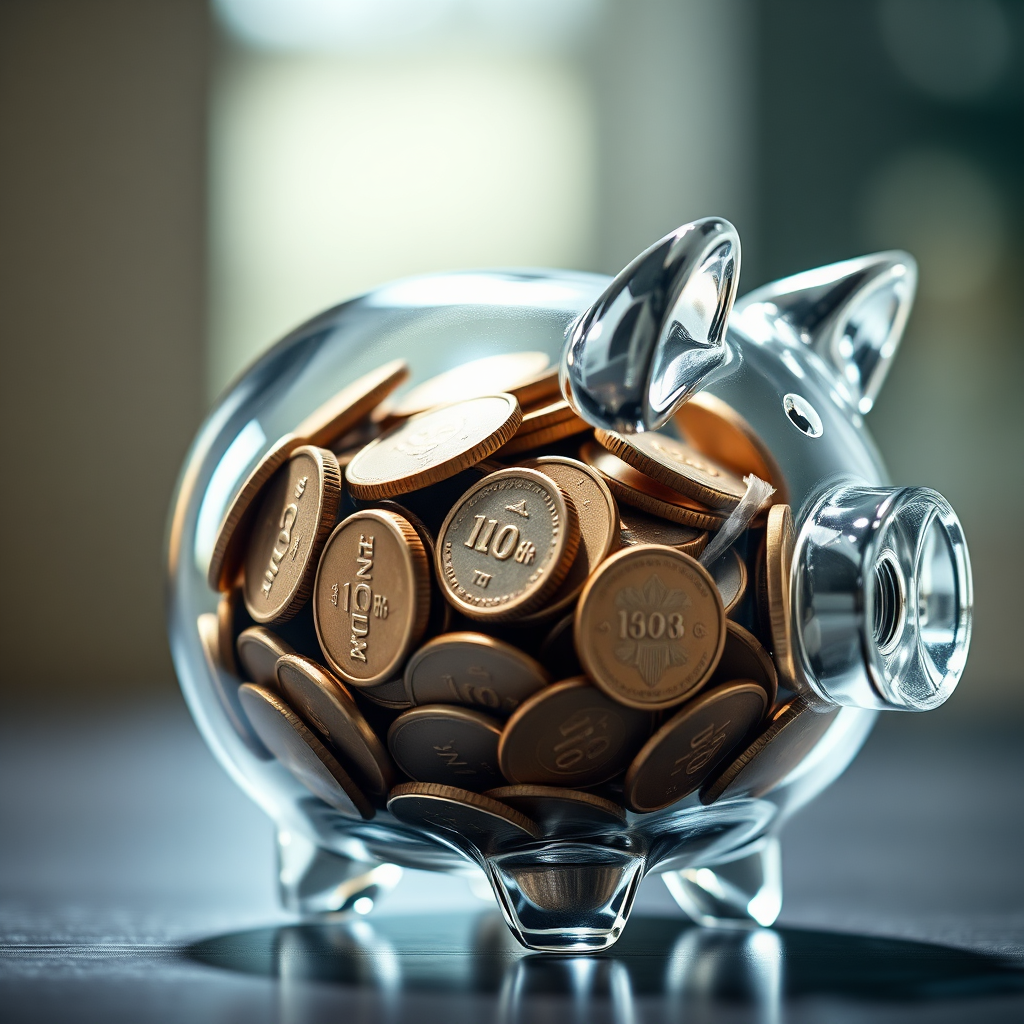  A close-up, photorealistic image of a crystal-clear glass piggy bank filled with coins. The light shines through the glass, creating a sense of transparency and trust. Focus on the coins, which symbolize value and affordability. The background is blurred to draw attention to the piggy bank.