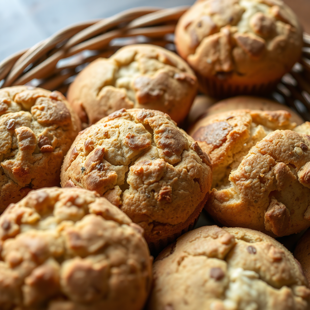 A close-up, photorealistic image of an assortment of freshly baked muffins and scones arranged in a woven basket. The focus should be on the textures and colors of the baked goods, with visible crumbs and a golden-brown finish. Soft, warm lighting should enhance the inviting atmosphere. The image should evoke a sense of comfort and a perfect morning start. 4k resolution.