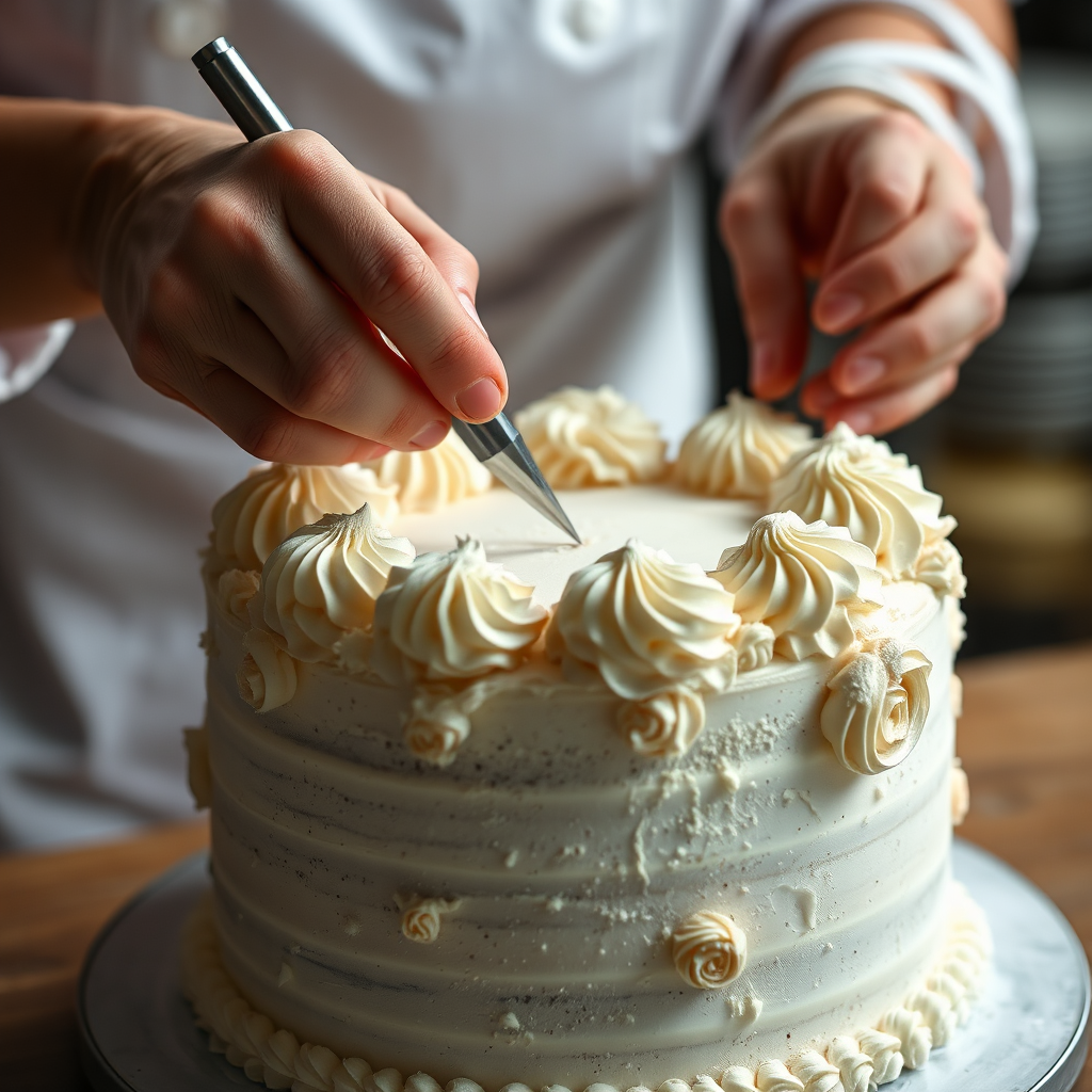 A close-up shot of a baker's hands meticulously decorating a custom cake with intricate frosting details. The cake should be partially completed, showcasing the various stages of the decorating process. The lighting should highlight the texture and precision of the work. The background should be a blurred bakery environment. 4k resolution.