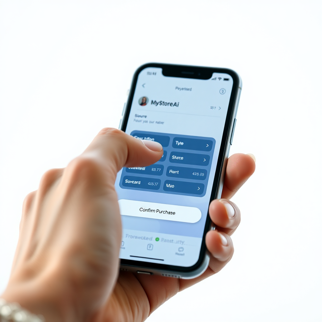 A close-up shot of a customer completing a purchase on MyStoreAi's platform. The scene is brightly lit and features a clean, minimalist design. The customer's hand is seen clicking the 'Confirm Purchase' button on their smartphone. The screen displays a secure payment gateway with various payment options. The image is designed to evoke a sense of trust and security.