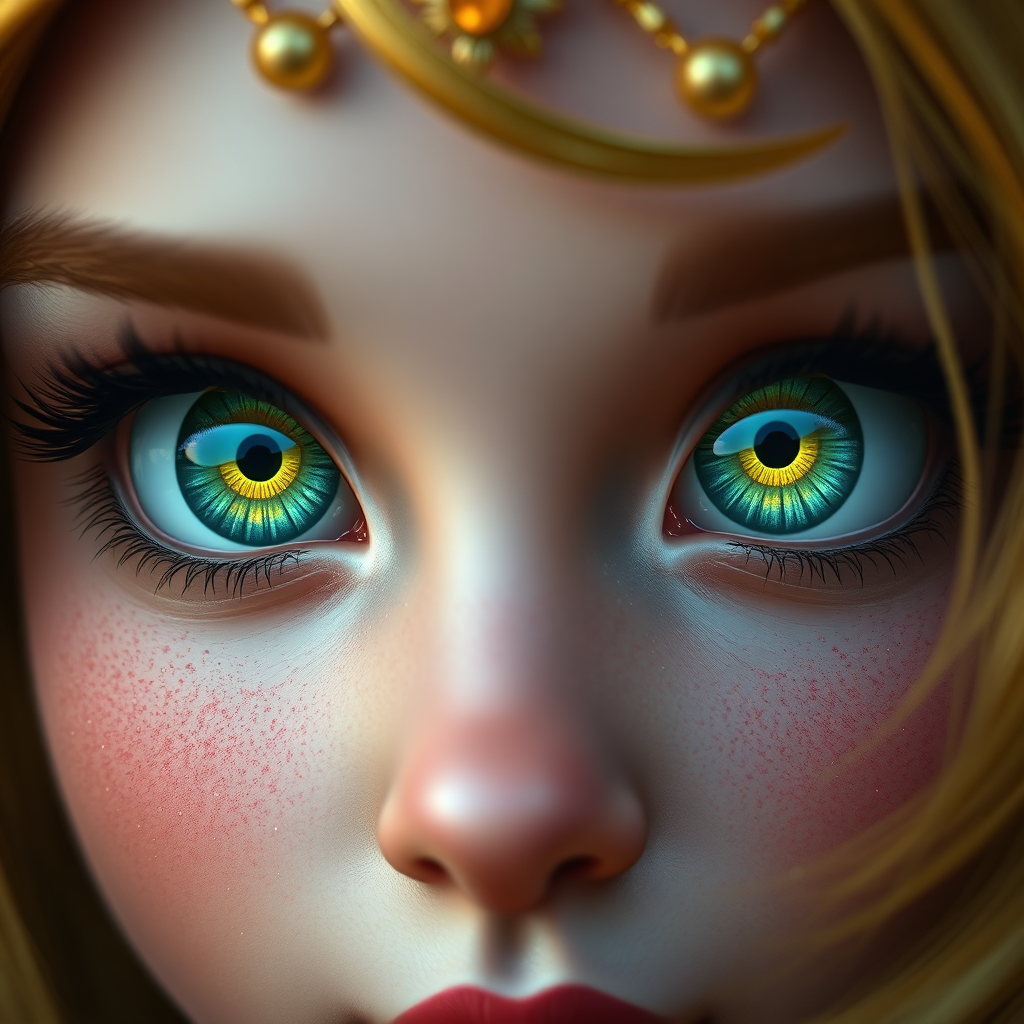 A close-up shot of a fairy tale character's (e.g., a princess) eyes, reflecting a magical landscape. The eyes should be filled with wonder and awe. Lighting is soft and ethereal, emphasizing the enchantment. Color palette includes shimmering golds, deep blues, and vibrant greens. Focus should be razor-sharp on the eyes. Style reference: Fantasy art with hyperrealistic elements.