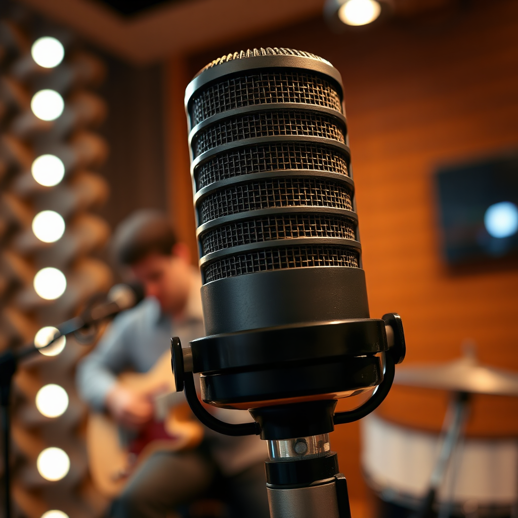 A close-up shot of a high-quality microphone in a recording booth, with a musician in the background playing an instrument. Focus on the details of the microphone, capturing its texture and design. Lighting should be warm and inviting, highlighting the performance in the background. 4k resolution, photorealistic.