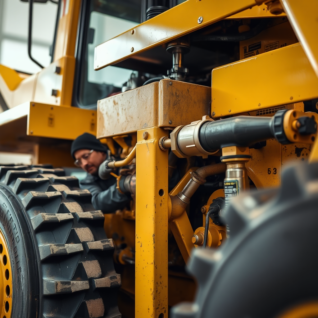 A close-up shot of a well-maintained piece of heavy machinery – for example, a bulldozer or a generator. The focus is on the equipment's condition: clean, sturdy, and showing signs of regular maintenance. A technician is briefly seen, perhaps inspecting the engine or lubricating a joint, suggesting meticulous care. The lighting emphasizes the equipment's robustness and reliability, conveying the message of quality and dependability.