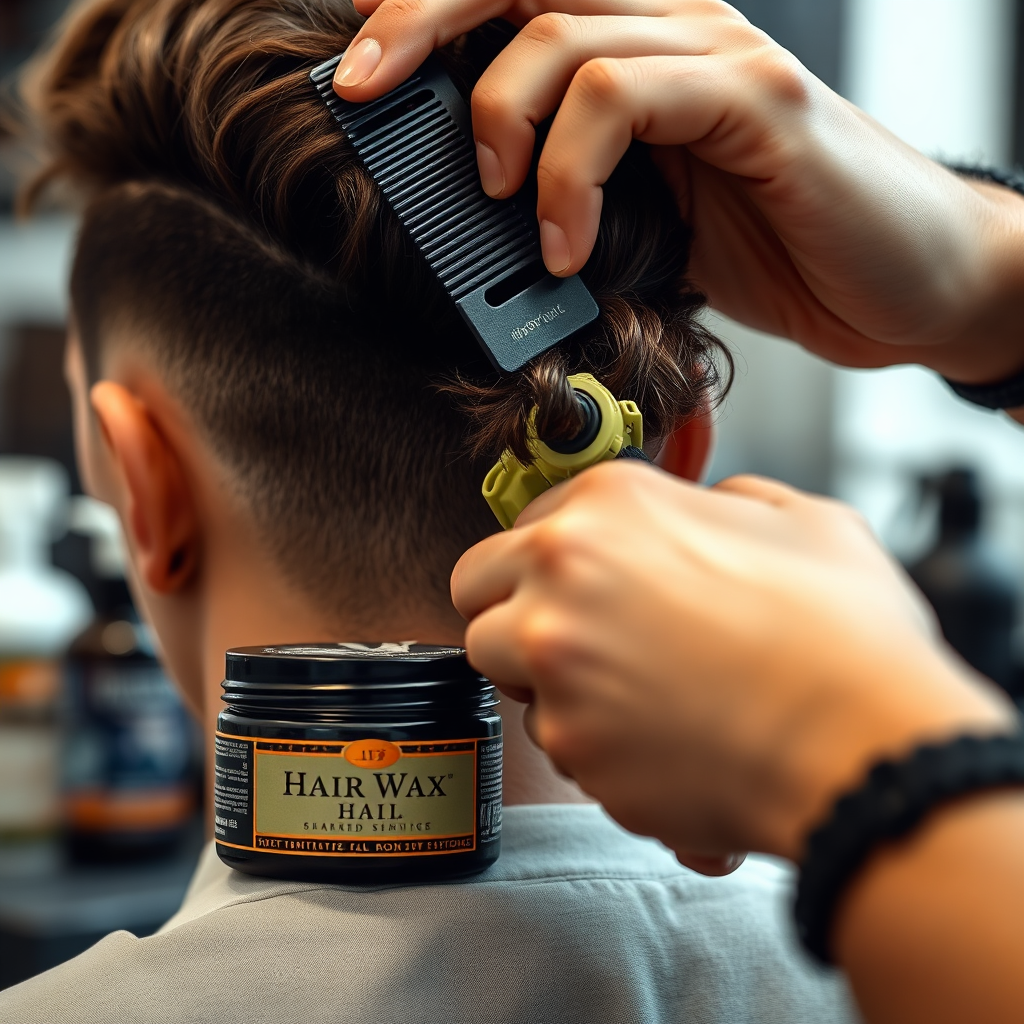 A close-up shot of hands expertly styling hair with products and tools. The scene is focused on the application of hair wax, using a comb for precise styling. Highlighting the texture and control of the products. Add a shallow depth of field with blurred products in the background.