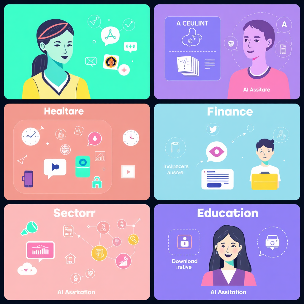 A collage image showcasing different AI assistants customized for various sectors. One panel shows an AI assistant for healthcare, another for finance, and another for education. Each panel features relevant icons and imagery representing the specific sector. The color palette is bright and diverse, with each sector having its own distinct color scheme. Technical specs: 4K resolution, high quality.