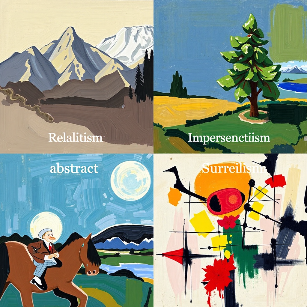 A collage-style image showcasing different painting styles side-by-side. Include examples of realism, impressionism, abstract expressionism, and surrealism. Each section of the collage should feature a distinct color palette and composition. The style is informative and visually engaging.