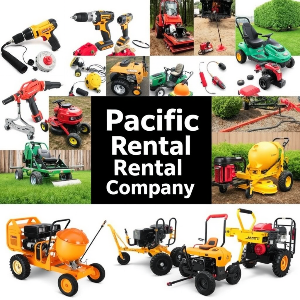 A collage-style image showcasing a diverse range of rental equipment offered by Pacific Rental Company. The collage includes images of power tools (drills, saws), landscaping equipment (lawnmowers, hedge trimmers), construction equipment (concrete mixers, generators), and other specialized tools. The layout is clean and visually appealing, with each image clearly showing the equipment's features and purpose. The overall impression is one of comprehensiveness and variety, suggesting that Pacific Rental Company is a true one-stop shop.