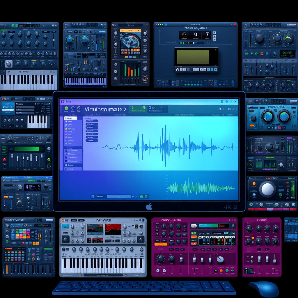 A collection of virtual instruments, plugins, and audio software interfaces displayed on a computer screen. Each interface should be detailed and visually appealing, showcasing the variety of tools available. The color palette should be vibrant and dynamic, highlighting the different features of each tool. 4k resolution, digital art style.