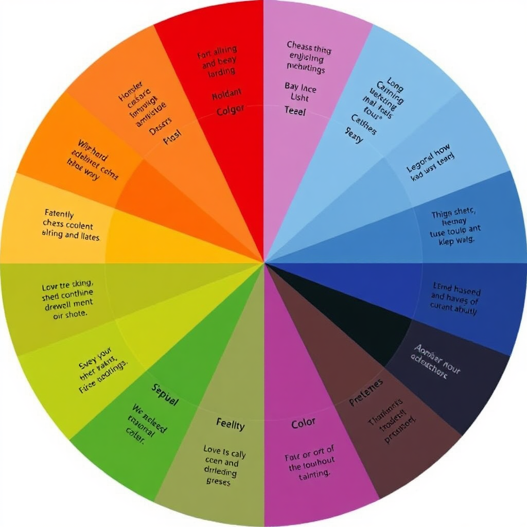 A color wheel image showcasing different colors and their associated emotions. Include examples of how each color can be used in paintings to convey specific feelings. The style is informative and visually appealing.