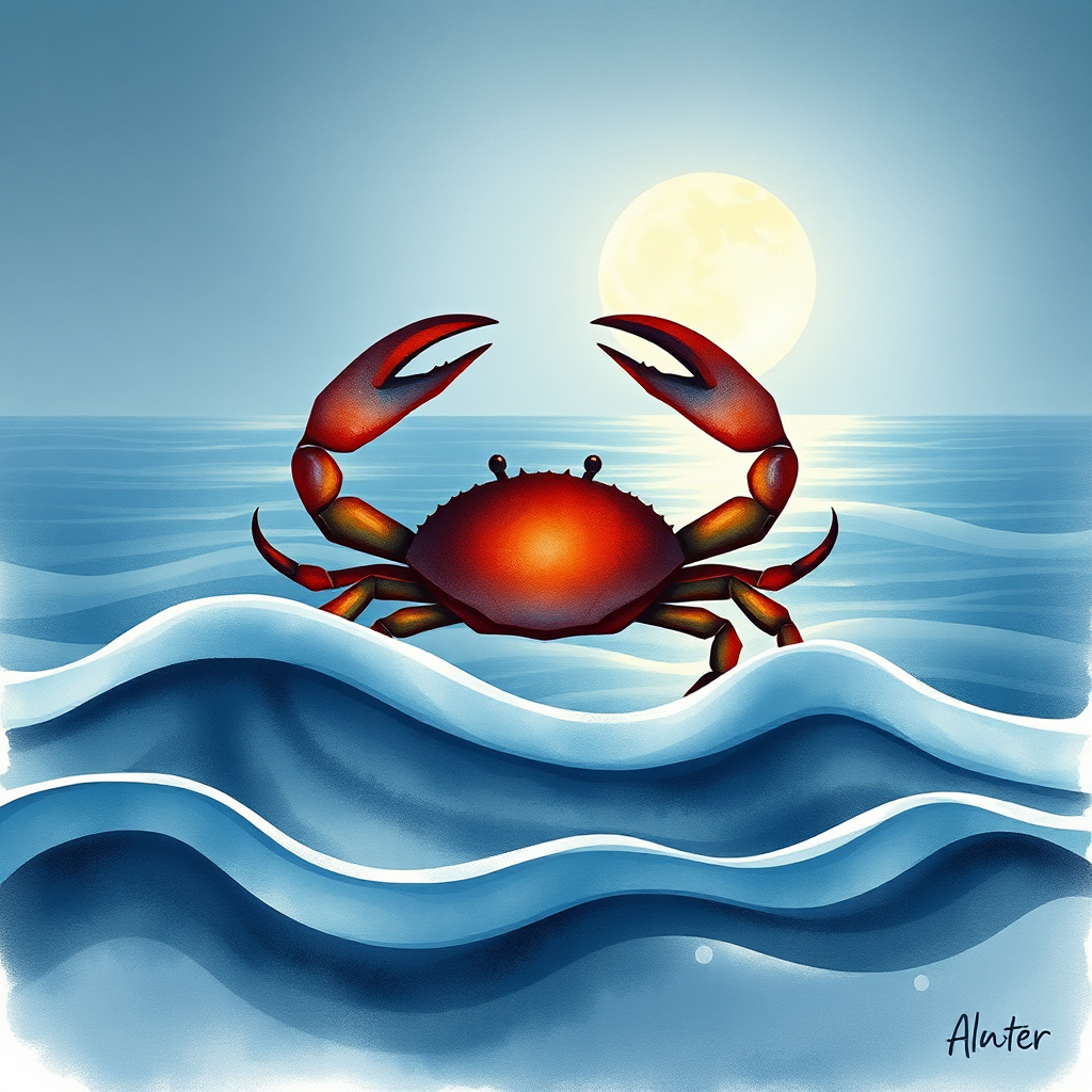 A comforting image representing Cancer. Depict a stylized crab silhouette nestled amongst gentle ocean waves. The background features soft moonlight reflecting on the water. The overall feel should be one of warmth, security, and nurturing. Lighting should be soft and serene. Style: A watercolor illustration with gentle blending and muted colors. High quality.