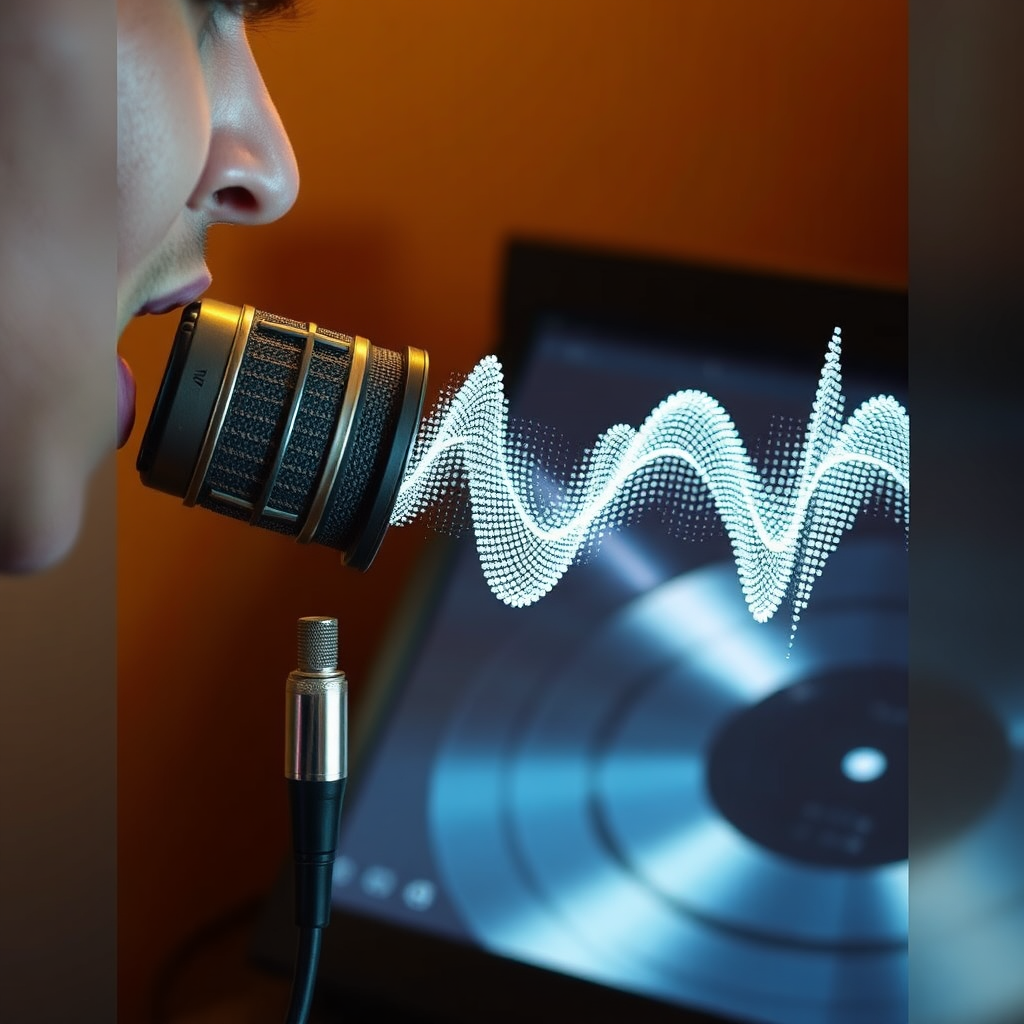 A concept image that symbolizes translating a client's vision into perfected audio. Imagine a person speaking into a vintage microphone; their voice then transforms into a cascade of shimmering, perfectly-formed sound waves. The sound waves solidify into a polished, finished audio product, perhaps visualized as a vinyl record or a digital waveform on a screen. The color palette should be warm and inviting. Capture the feeling of creativity and precision. Style: blend of realism and abstract visualization.